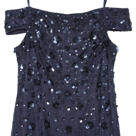 Adrianna Papell Navy Beaded Off Shoulder Formal Maxi Dress Size 14 - Picture 7 of 13